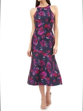 JS Collections Floral Vibrant Halter Jacquard Botanical Cocktail Midi Dress 10